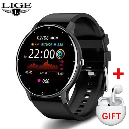 LIGE 2024 Black Smartwatch with digital display and white GIFT-labeled earbud case on white background