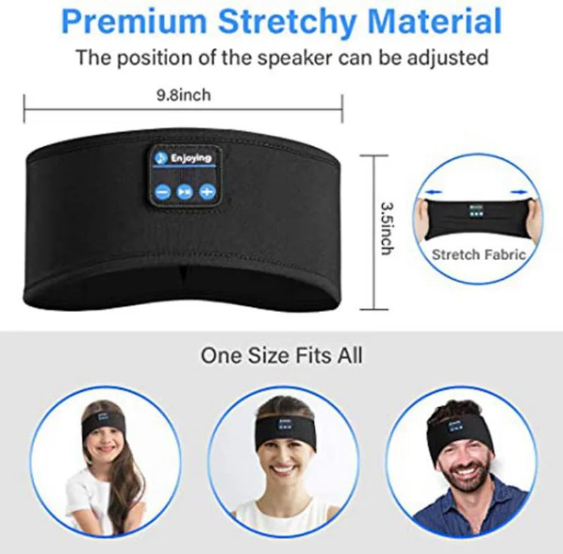 Black headband with Bluetooth speaker, showing dimensions and stretch material features.