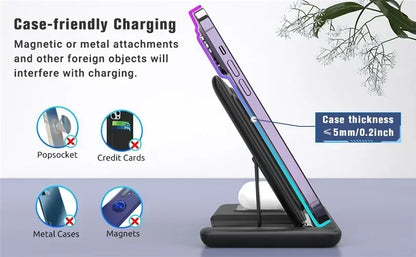 Phone charging stand with text and icons indicating case thickness and prohibited items.