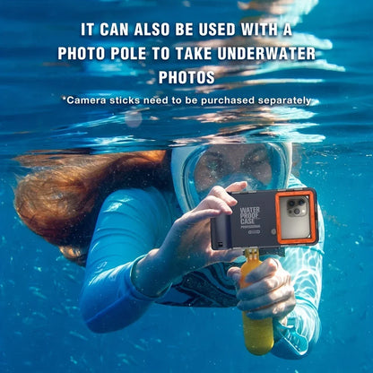 Person underwater holding a waterproof camera case with text about its use with a photo pole for underwater photography.