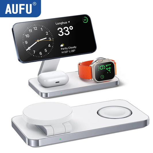 Multi-device charging stand with smartphone, airpods, and smartwatch on a white background