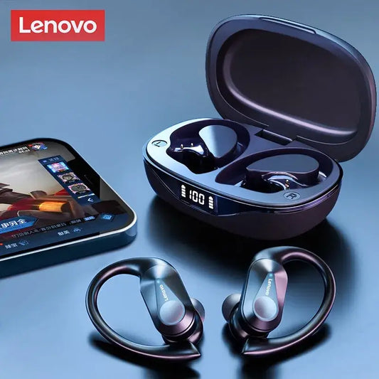 Lenovo wireless earbuds with charging case displayed on a blue background
