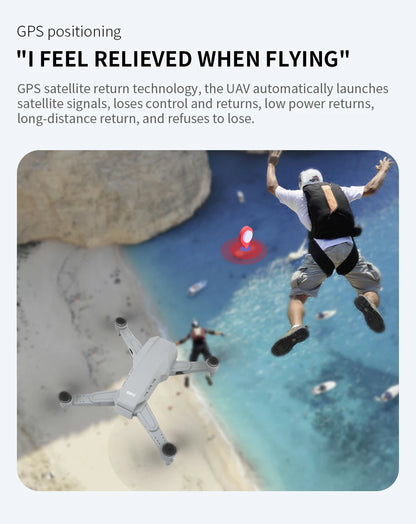 Person jumping off a cliff with a drone and text about GPS satellite return technology.