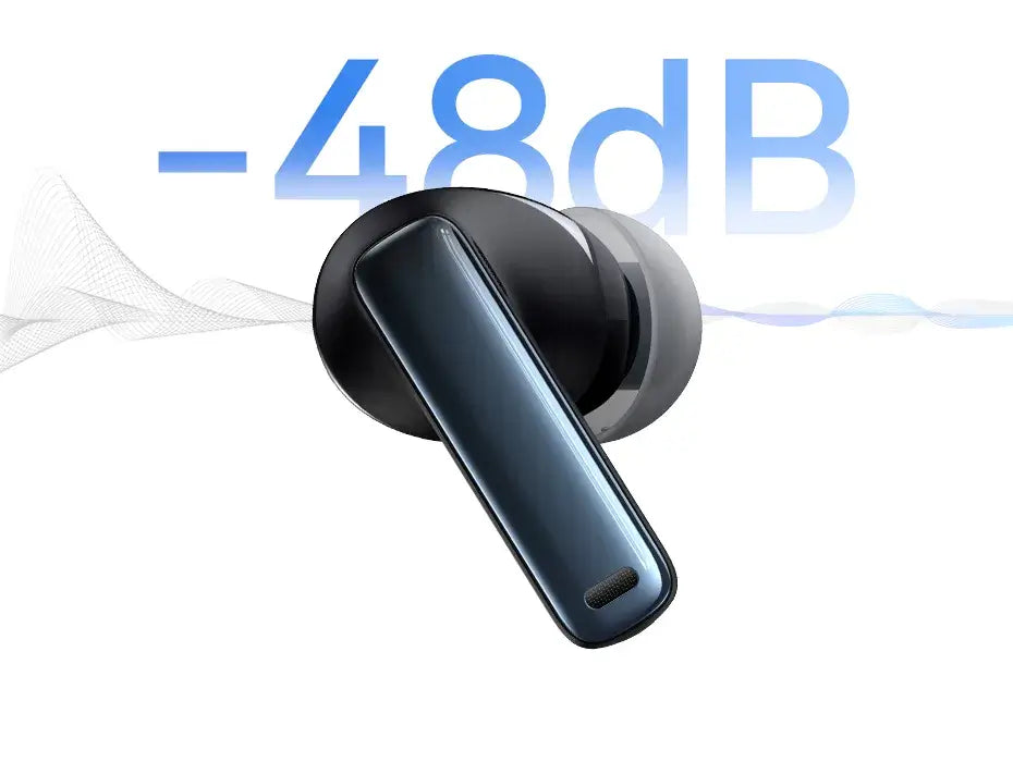 Black wireless earbud with “-48dB” label on a white background
