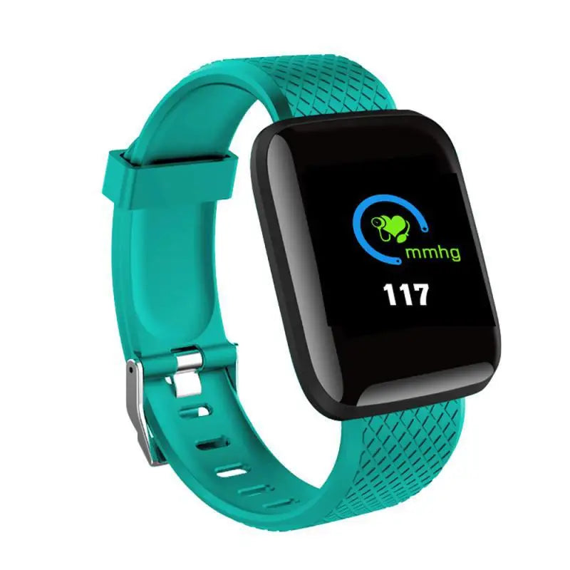 Teal smartwatch with a black screen displaying health metrics on a white background