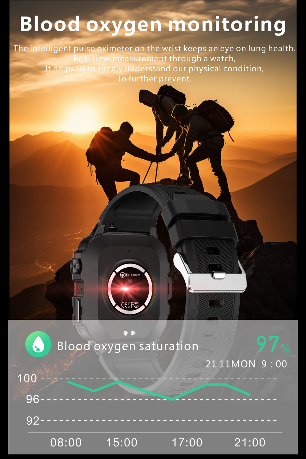 Smartwatch with blood oxygen monitoring feature displayed against a mountain sunset background
