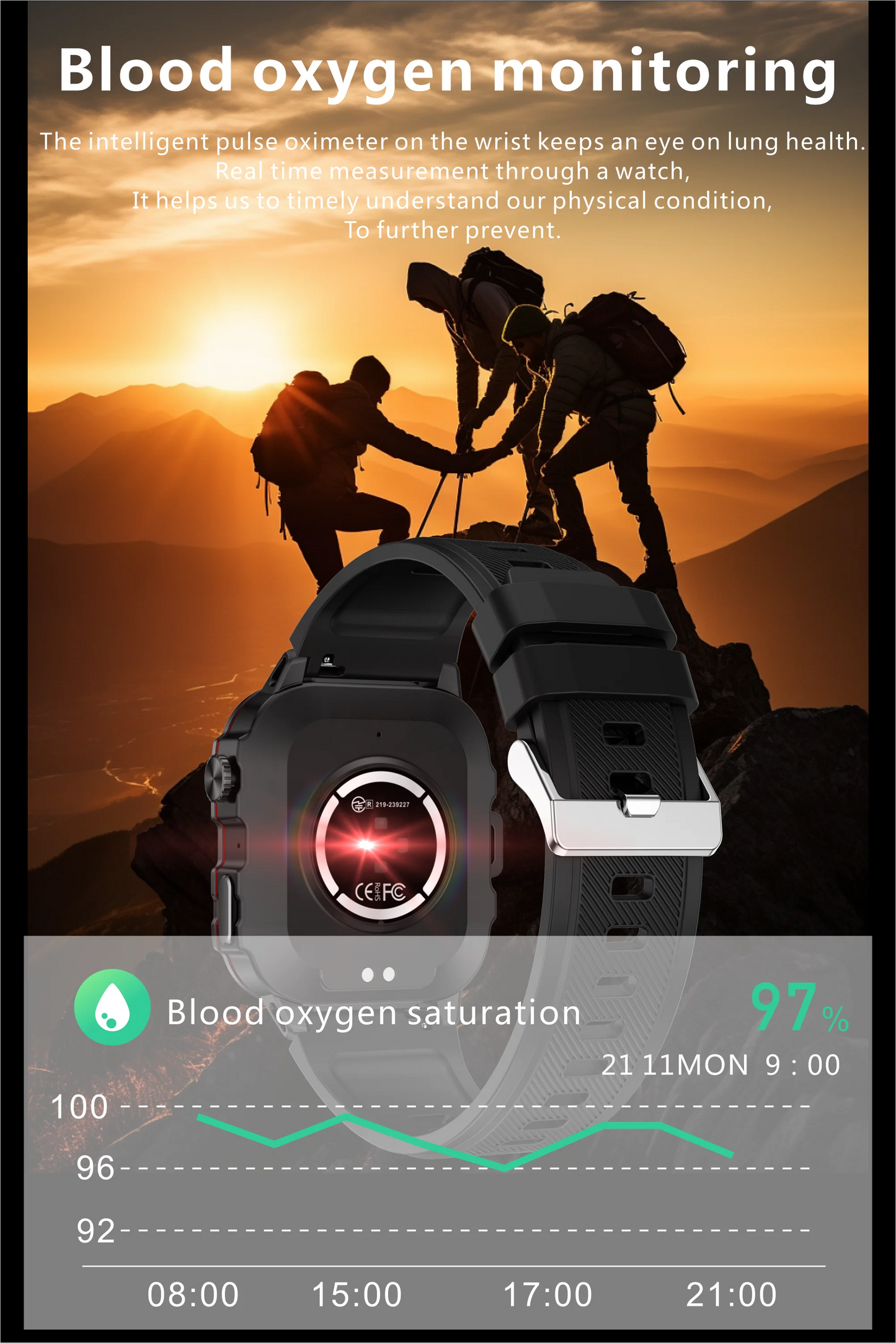 Smartwatch with blood oxygen monitoring feature displayed against a mountain sunset background