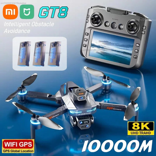 Drone with remote control and features highlighted on a blue background