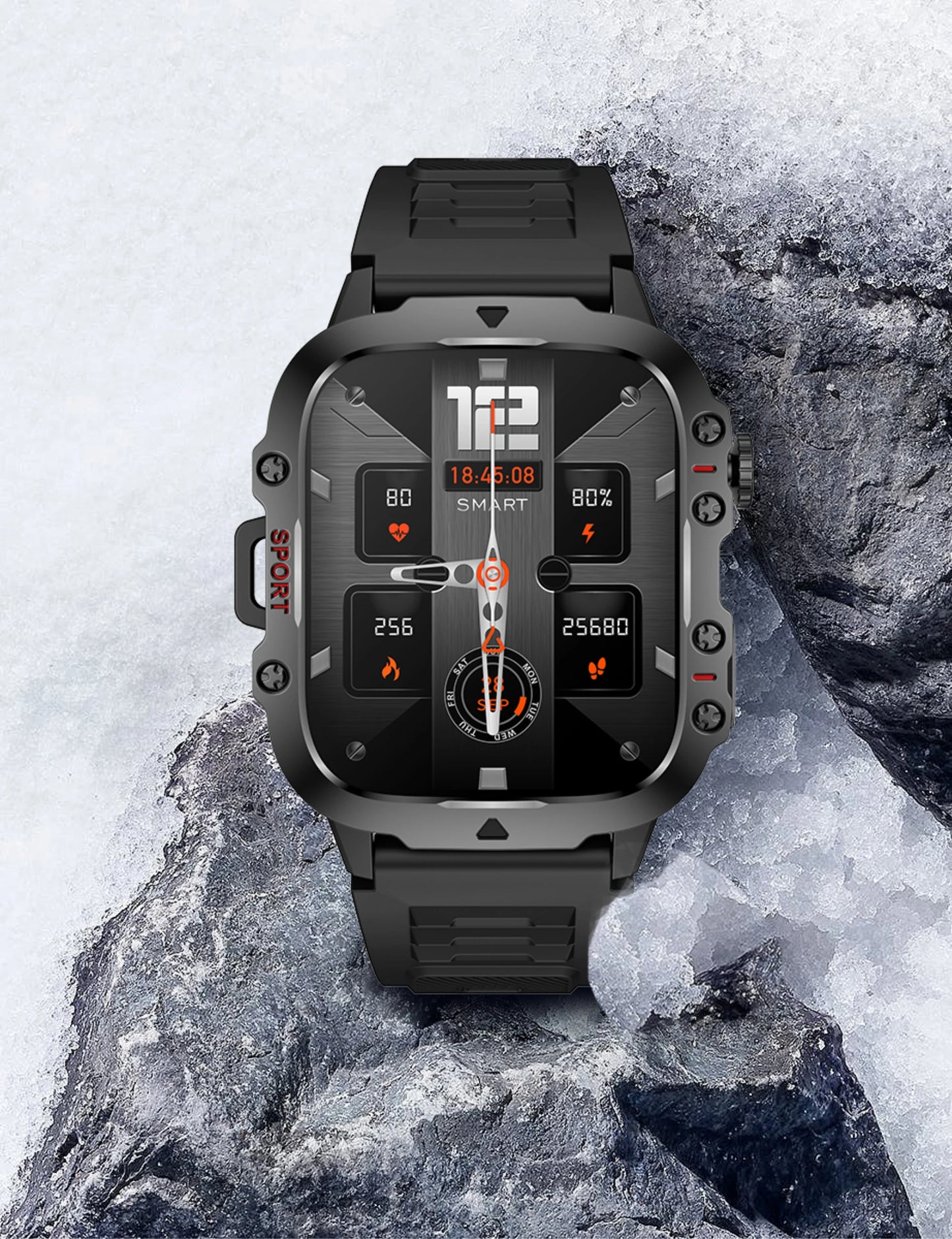 Black rugged smartwatch on a rocky surface