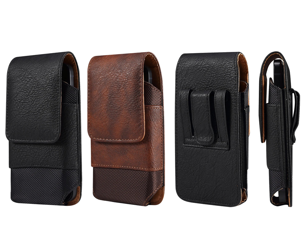 Four phone holsters in black, brown, and black with clip on a white background