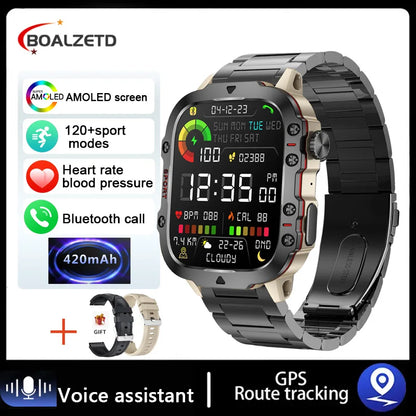 Smartwatch with features listed on a white background