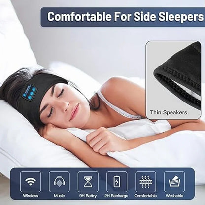 Woman sleeping with a headband featuring thin speakers, labeled 'Comfortable For Side Sleepers'.