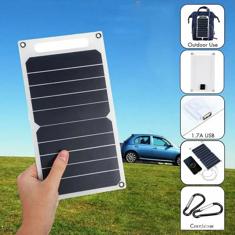 Hand holding a portable solar panel with images of its uses on the right.