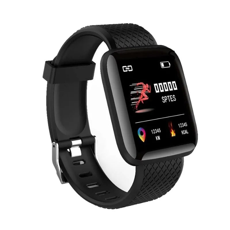Black smartwatch with a digital display on a white background