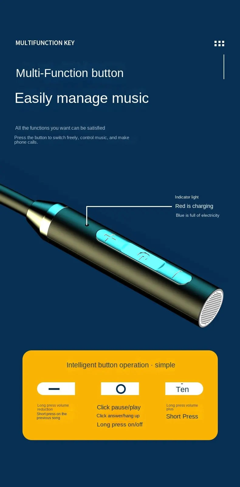 Multifunction key for managing music on a blue background with text and diagram.