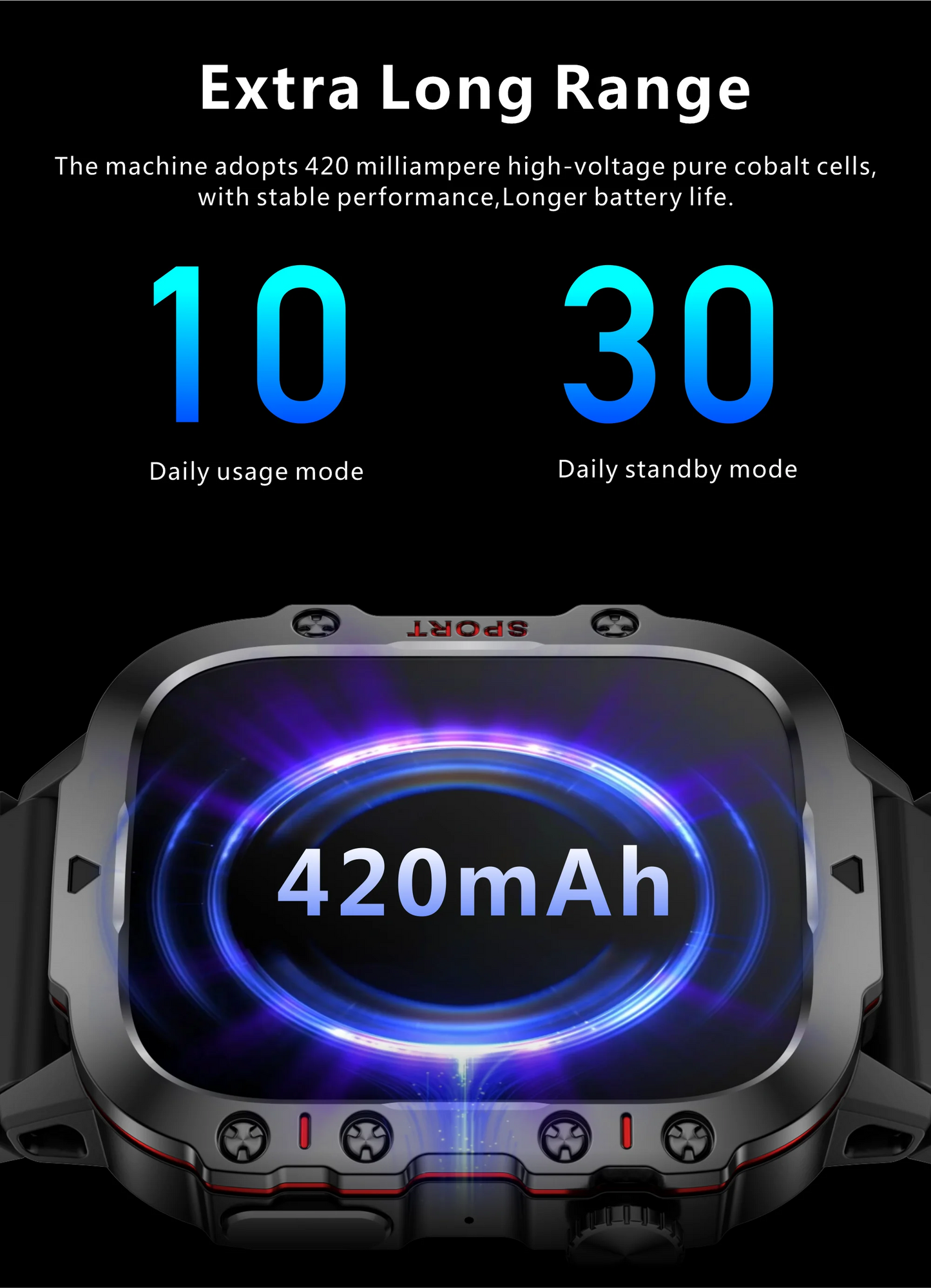 Smartwatch with battery display showing '420mAh' on a black background