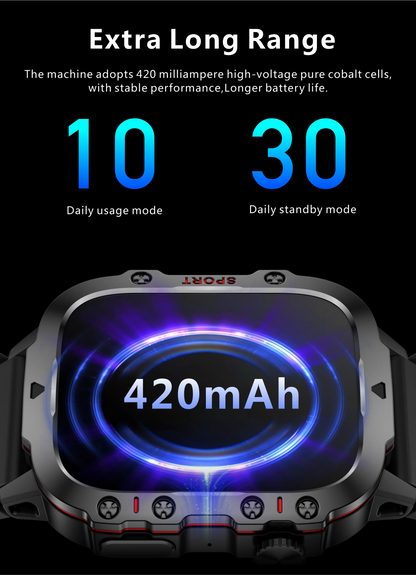 Smartwatch with battery display showing '420mAh' on a black background