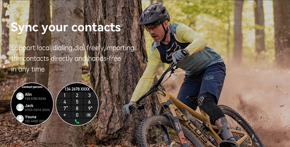 Person on a bike in a forest with text overlay about syncing contacts.