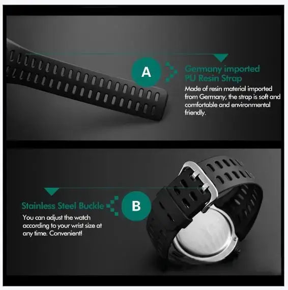 UTAI C26 black resin watch strap with stainless steel buckle on a dark background
