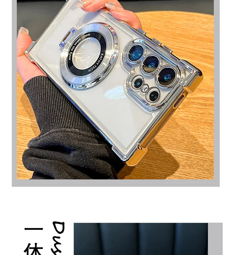 Clear phone case with camera lens design held by a person on a wooden surface