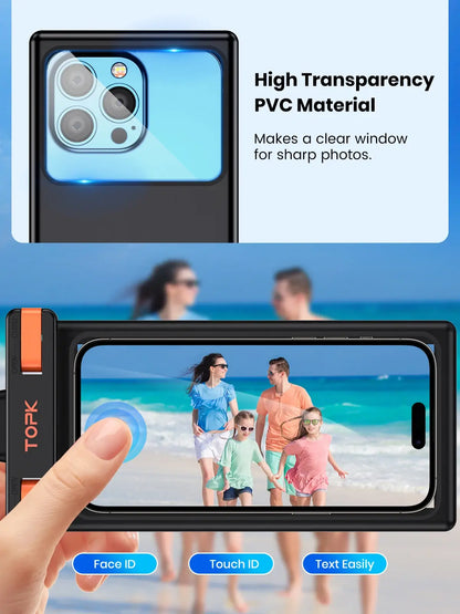 Waterproof phone pouch with high-transparency PVC material, displaying a family on a beach
