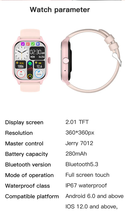 Smartwatch with detailed specifications listed on a white background
