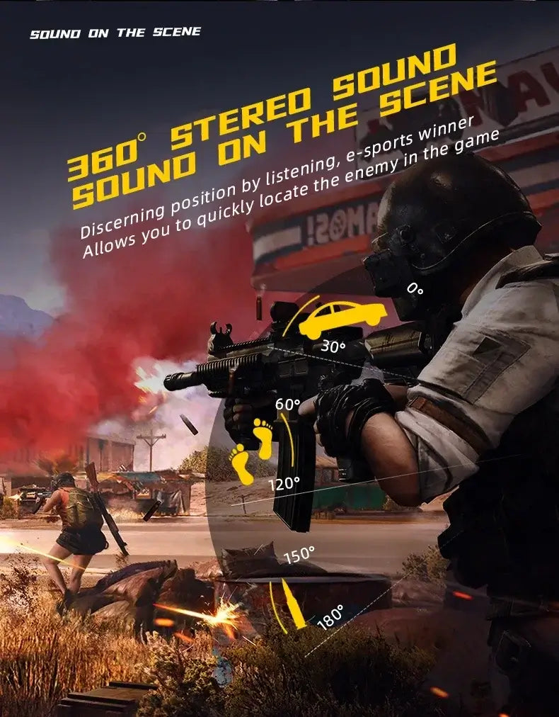 Person holding a gun in an action-packed game scene, with the 360-degree sound feature highlighted
