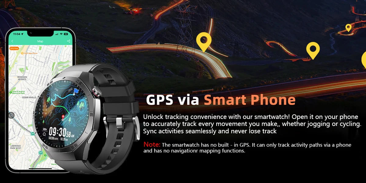 Smartwatch and smartphone with GPS tracking app on a dark background