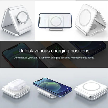 Multiple views of a wireless charging stand with text indicating various charging positions.