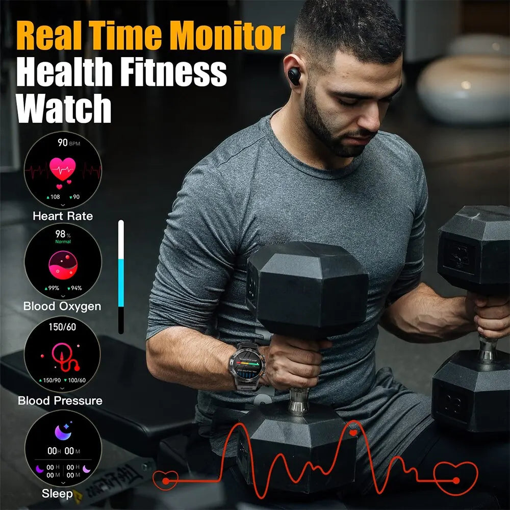 Man exercising with dumbbells wearing a fitness watch, displaying health metrics on screen.