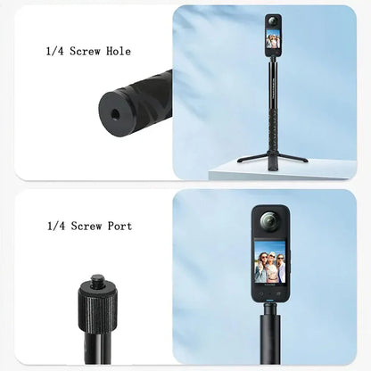 Camera selfie stick with 1/4 screw hole and port on a light blue background