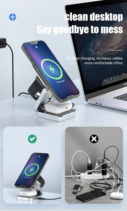 Wireless charging stand with smartphone, laptop, and earbuds on a clean desk.