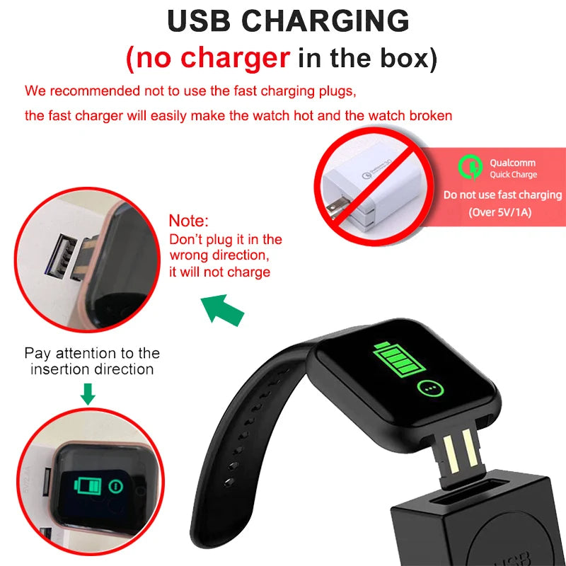 Smartwatch charging cable with USB adapter and charging instructions on a white background